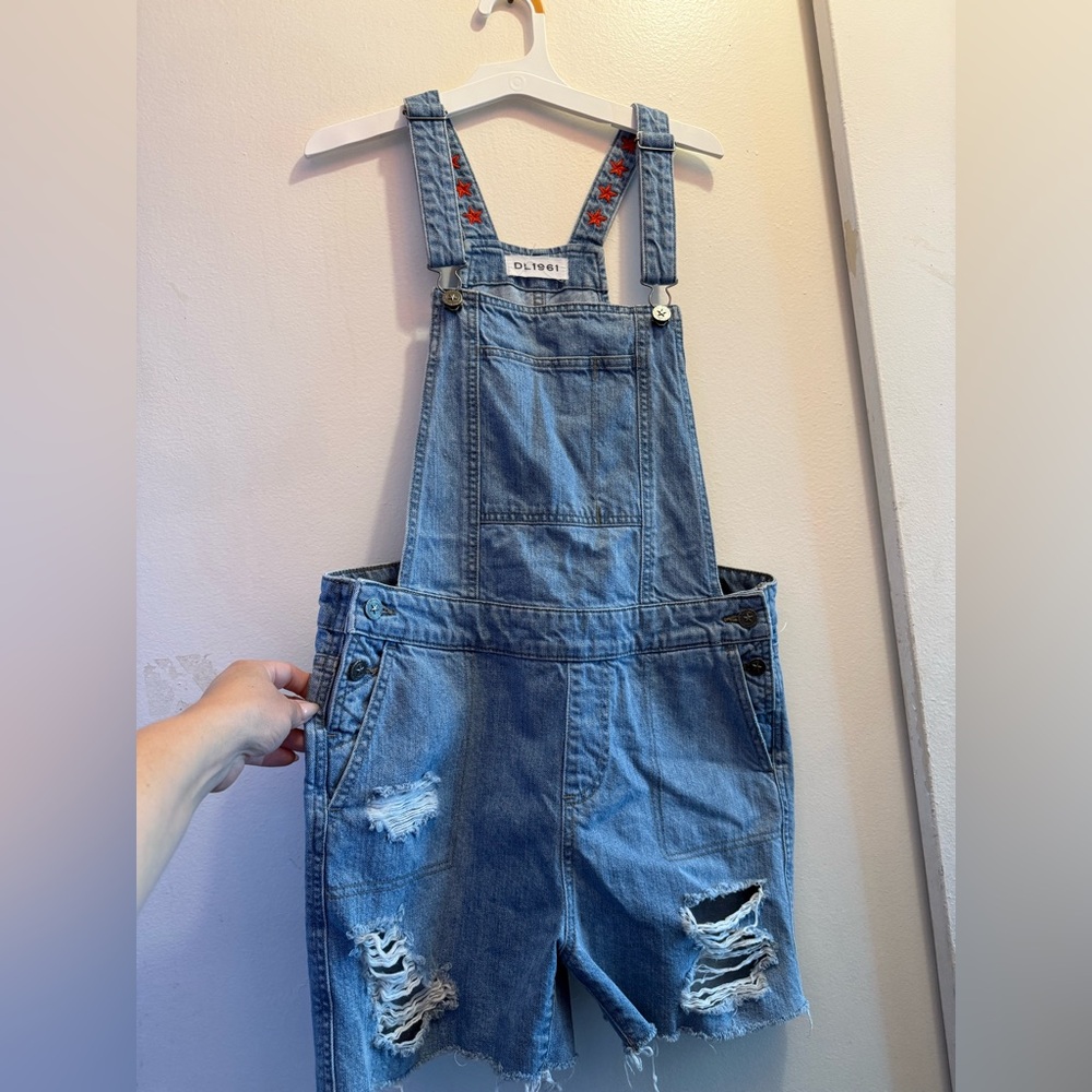 DL1961 Light Blue Distressed Denim Short Overalls with Embroidered Straps